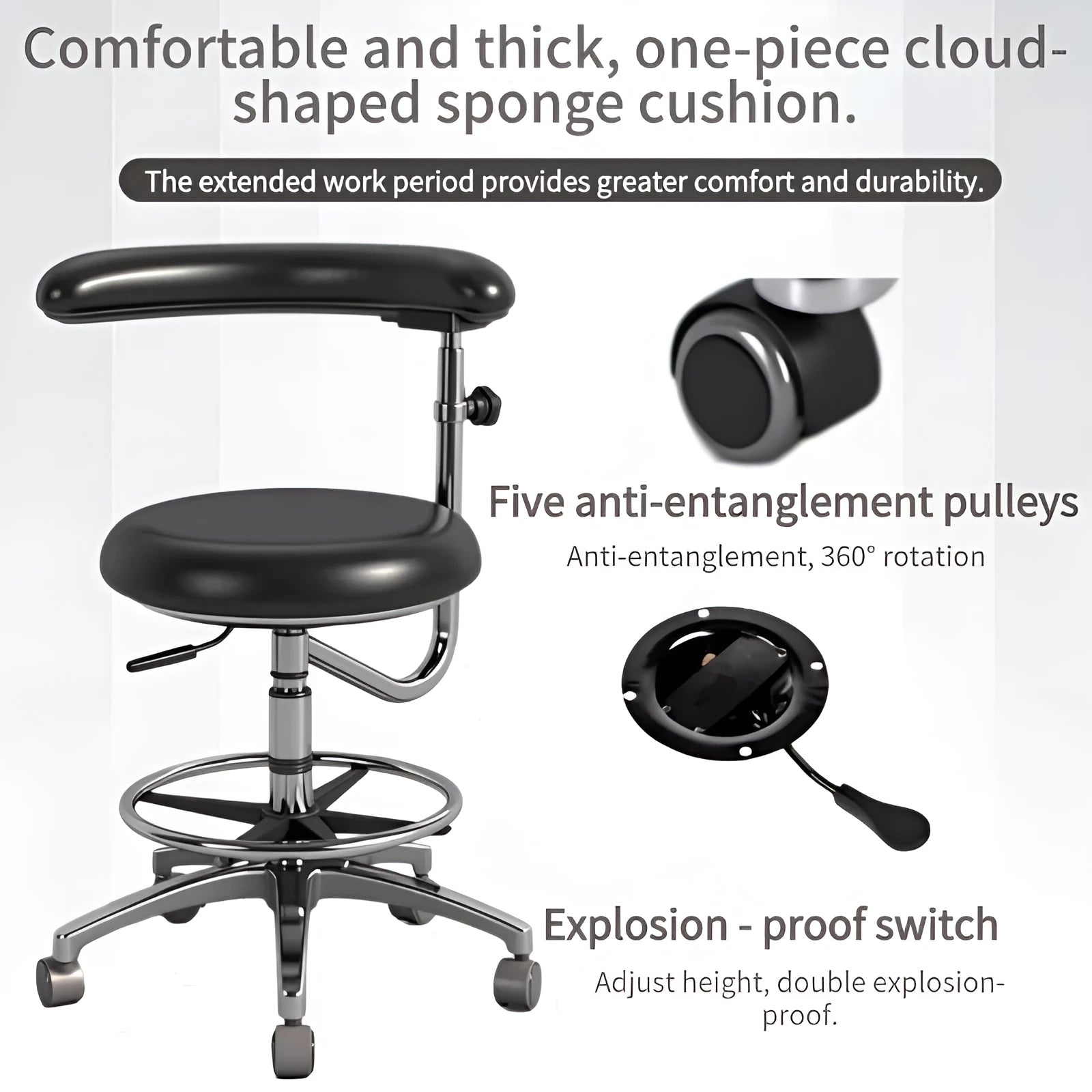 Black leather dental nurse chair with hydraulic lift mechanism for dental surgery positioning