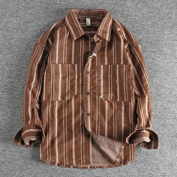 Men's vintage striped overshirt in loose fit, shown in apricot colour with Japanese retro styling.