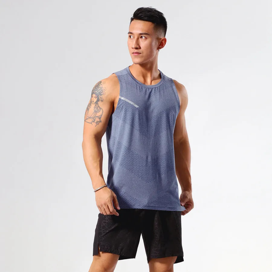 Man wearing a solid colour quick-dry athletic tank top for summer sports.