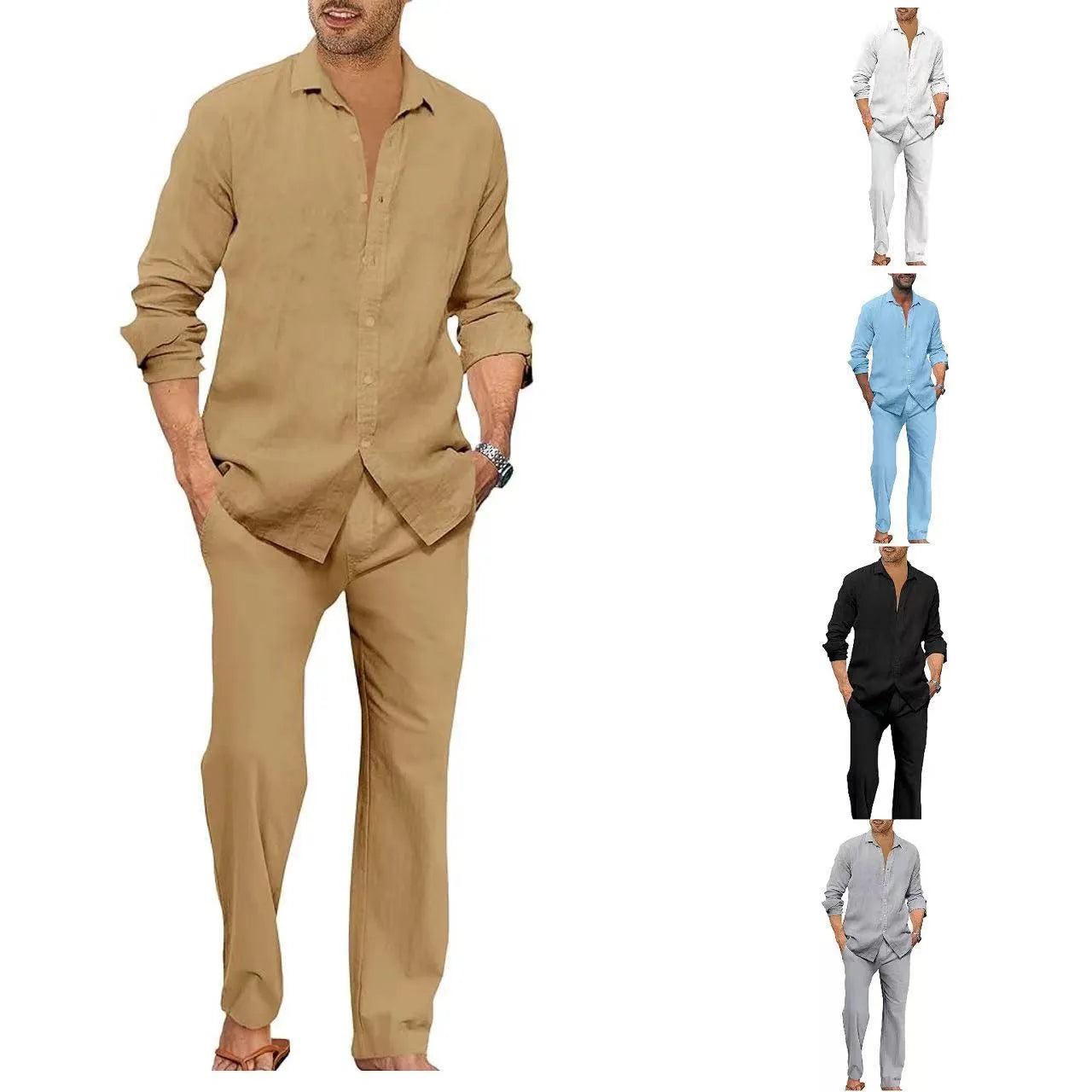 Men's cotton casual set with long-sleeved top and trousers in black white gray khaki sky blue sizes S to XXXL