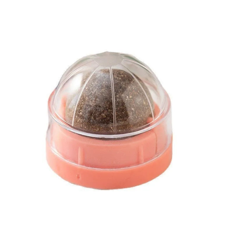 Plastic catnip ball toy with textured teeth cleaning surface in various colours