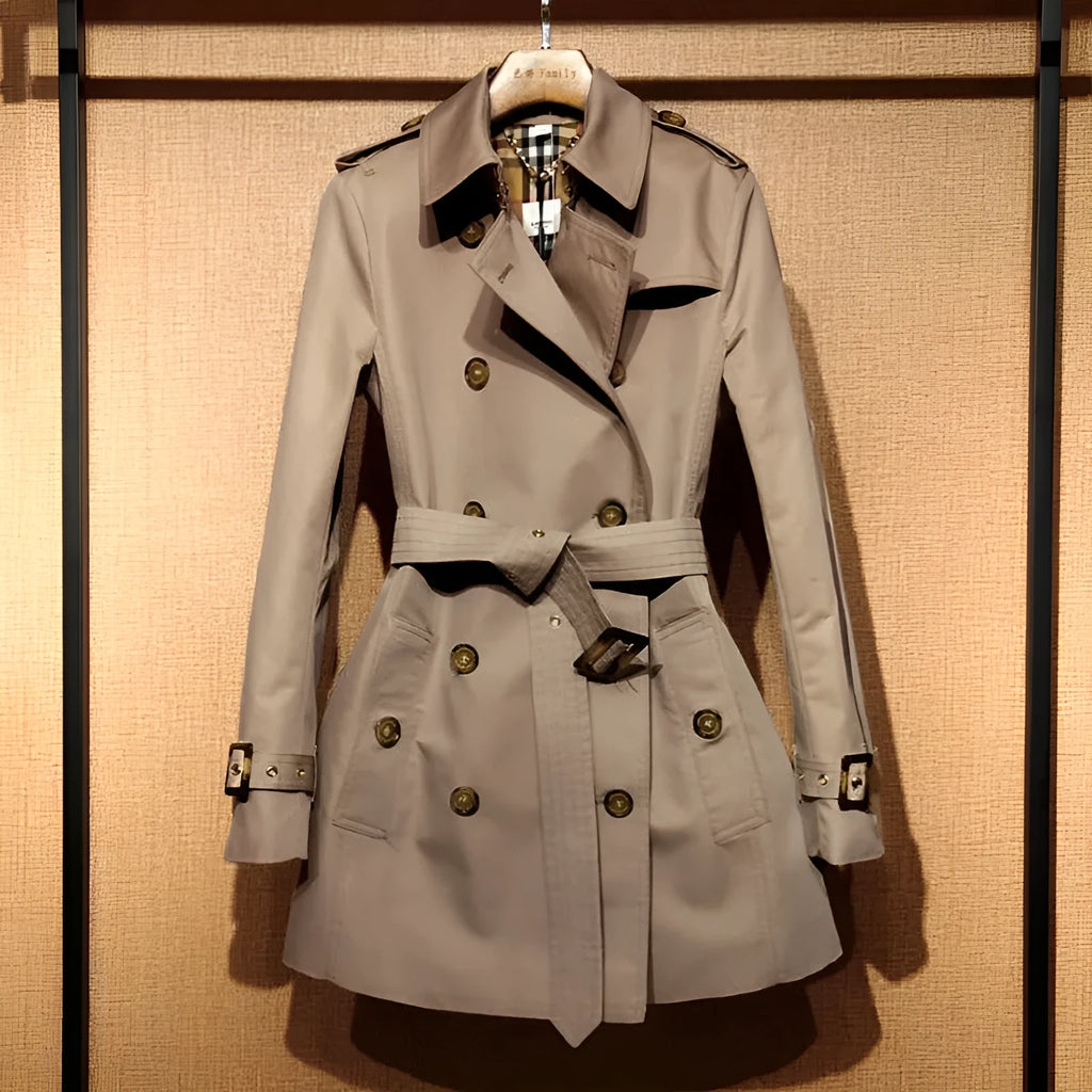 Khaki women's double-breasted trench coat with flight sleeves and shoulder detail