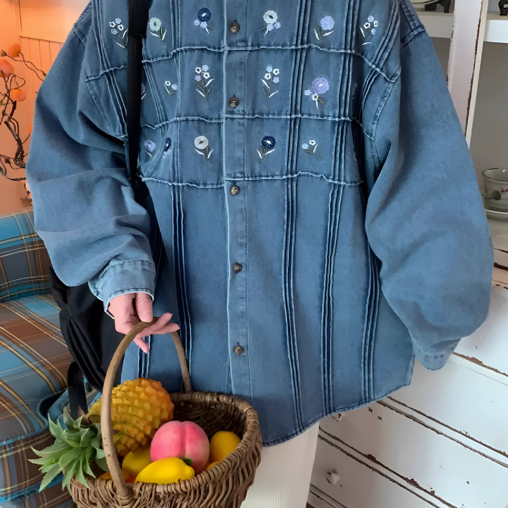 Vintage washed denim shirt with small floral pleats in washed blue colour