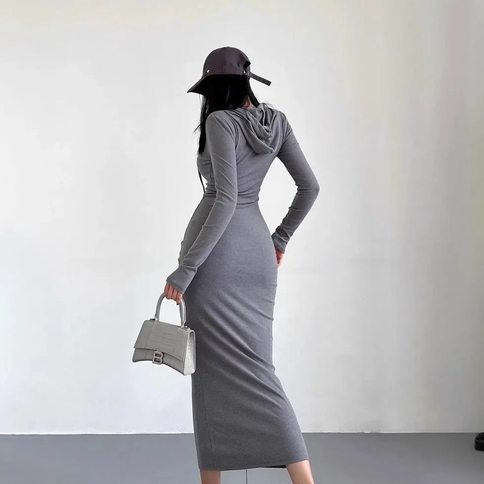 Women's grey hooded sleeve sheath dress with over-the-knee length and high waist design