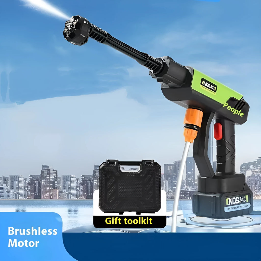 Green cordless high-pressure water gun with six-in-one metal nozzle and accessories including foam pot and extension rod