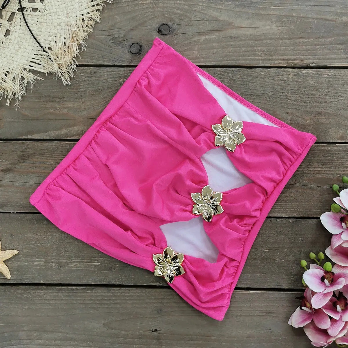 Women's solid colour one-piece swimsuit with hollow-out tube top and detachable matching skirt