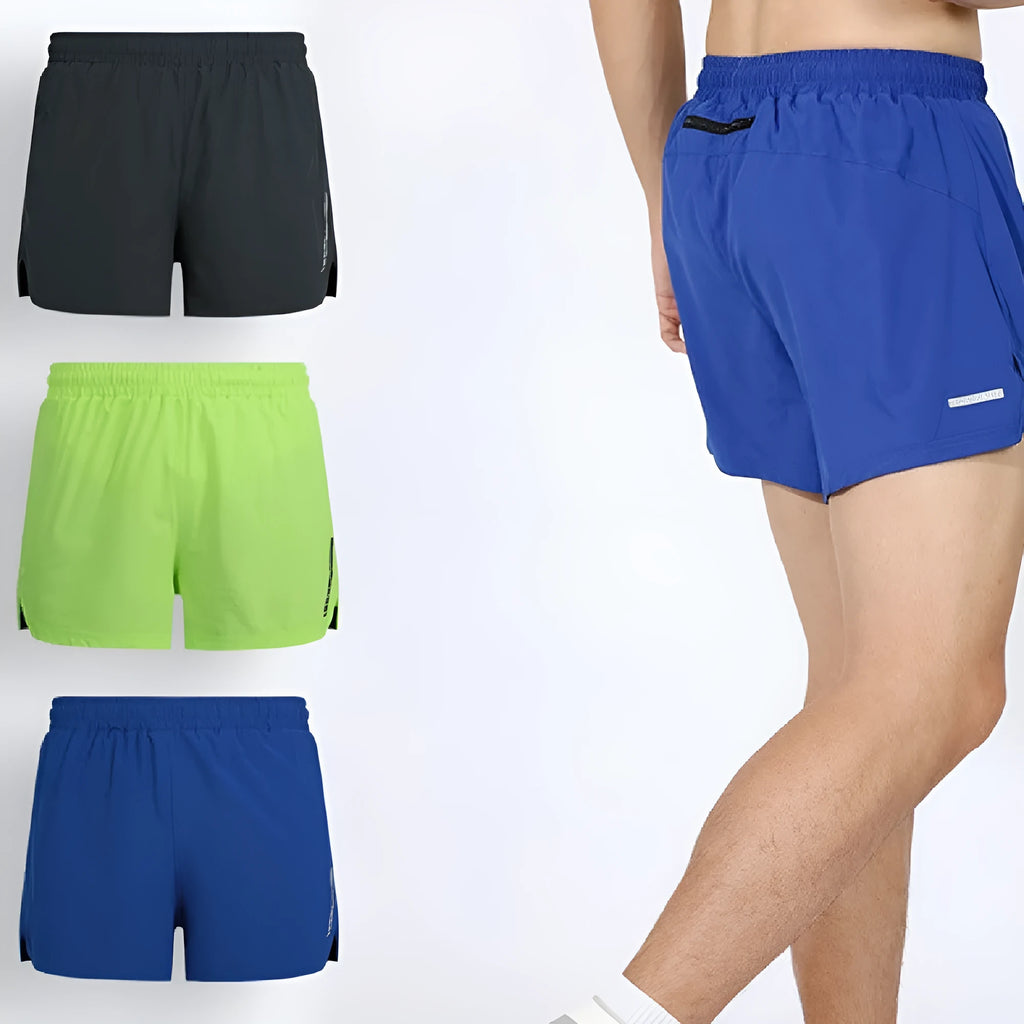 Men's quick-dry marathon running shorts in grey, straight-leg style, shown on a model.