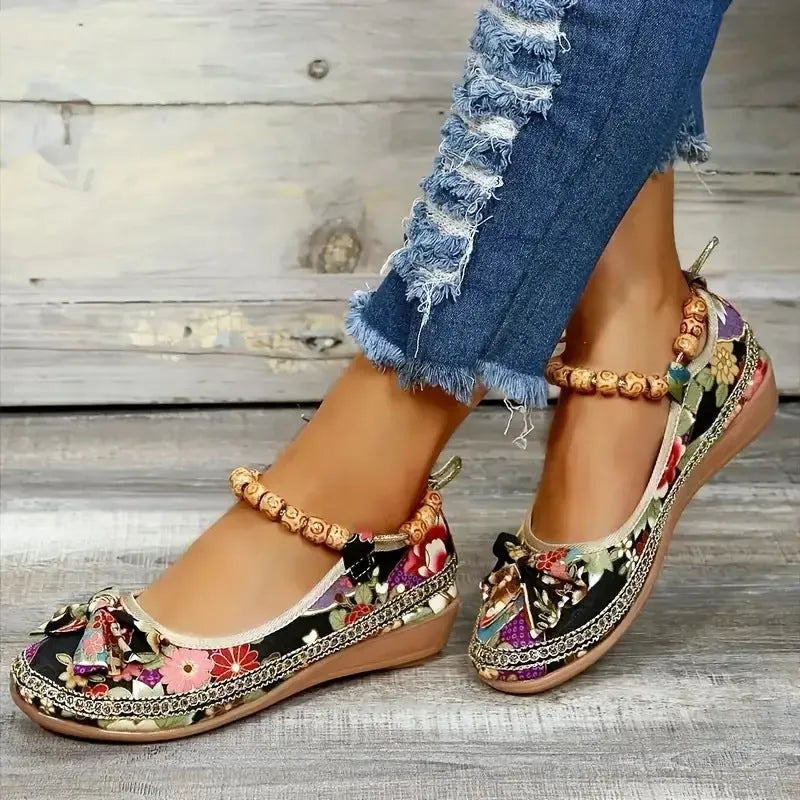 Women's plus size ethnic style platform sandals with cloth upper and elastic band fastening