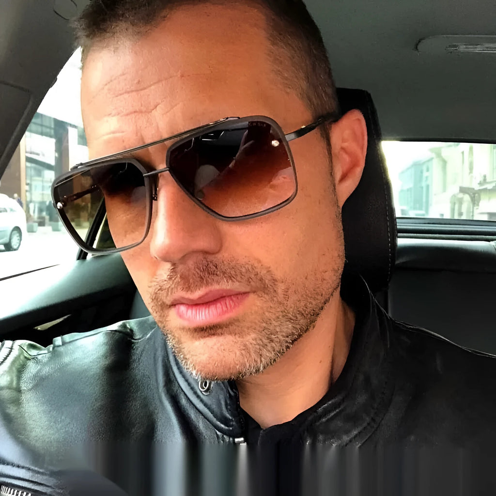 Men's double beam metal box sunglasses with UV400 protection and polycarbonate lens on a flat surface