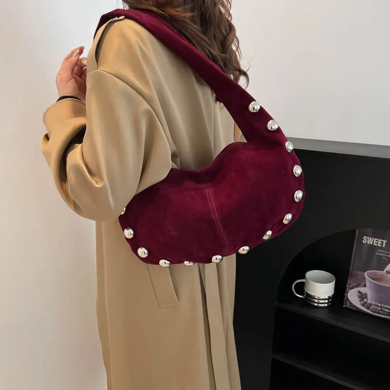 European and American style suede rivet underarm handbag in coffee colour with stitching and contrast detail