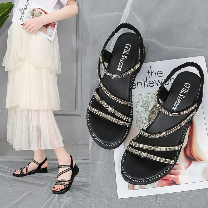 Women's Korean style sandals with rhinestone details and elastic band in silver colour