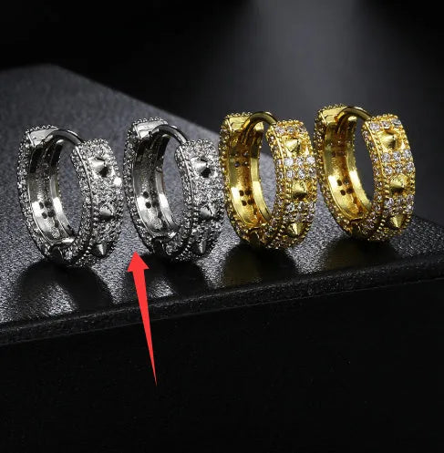 Geometric hip hop ear clip earrings with full diamond design and circular decorative elements