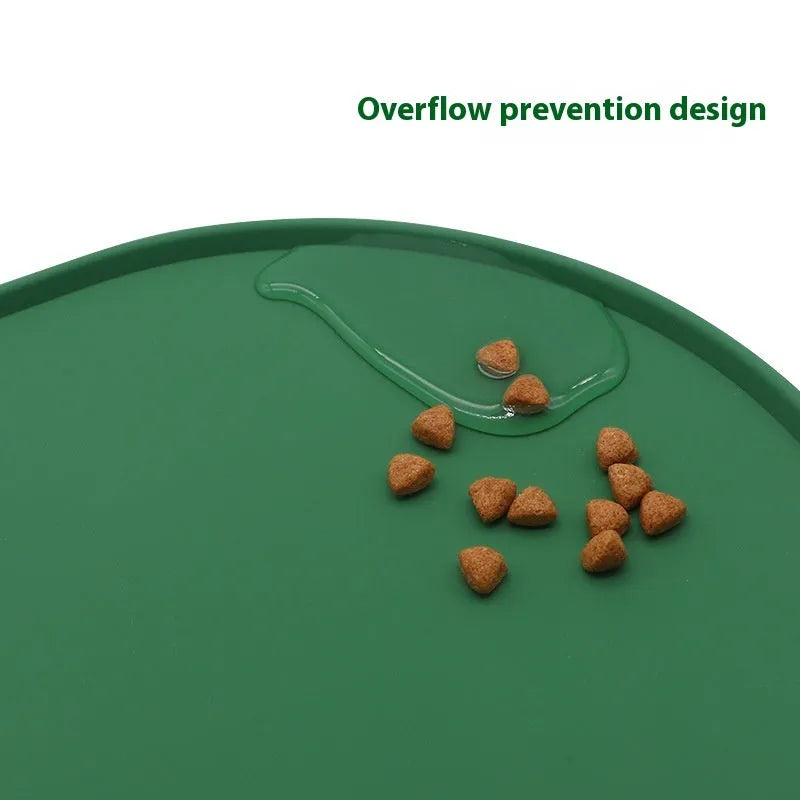 Silicone cat feeding placemat in beige showing food and water bowl placement