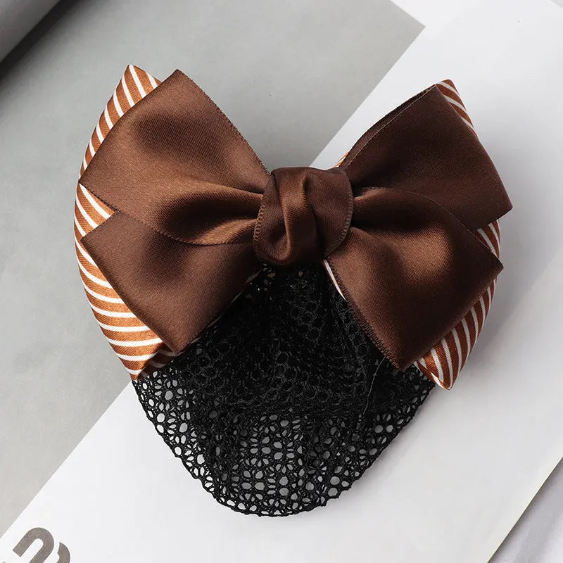 Professional hair clip headdress with flower bow net pocket in multiple colour variations
