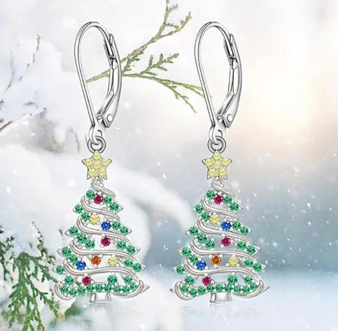 Women's copper Christmas tree earrings with star-shaped pendant and white gold colour finish