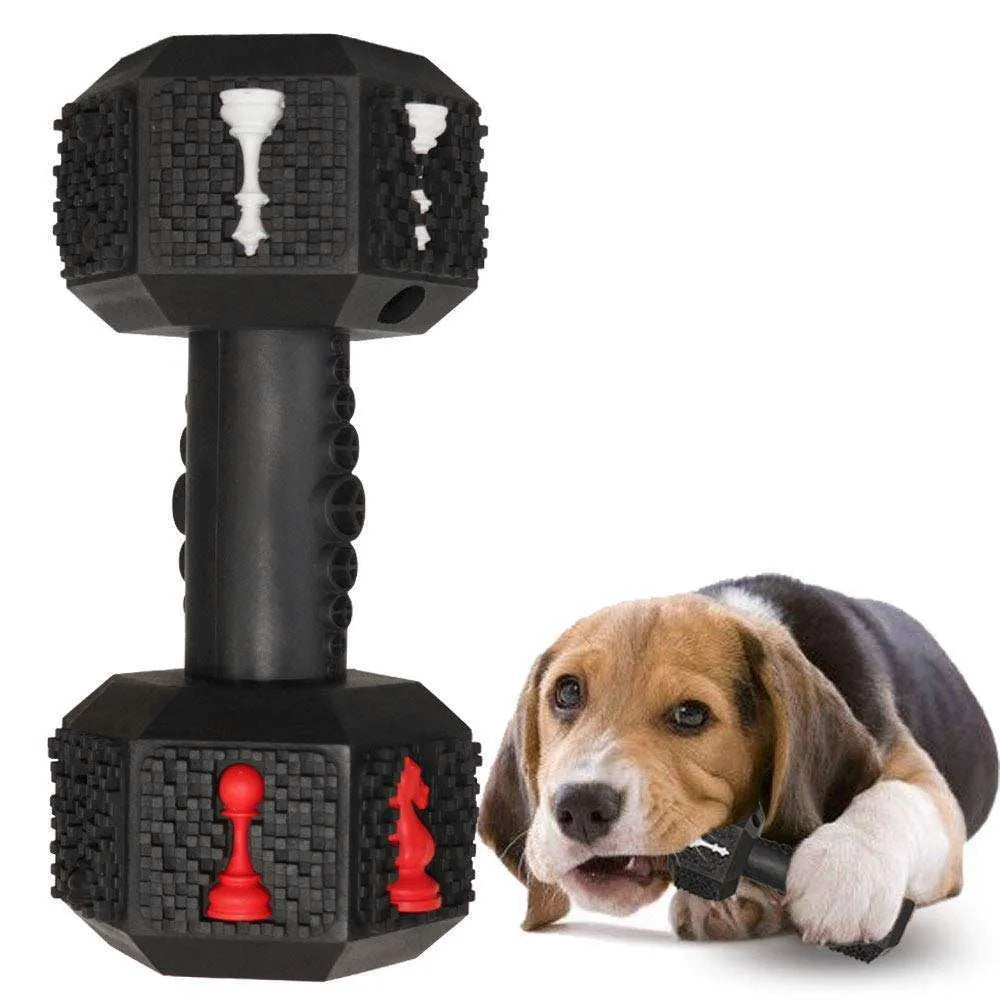 Durable black and blue rubber dumbbell dog chew toy for aggressive chewers on a white background.