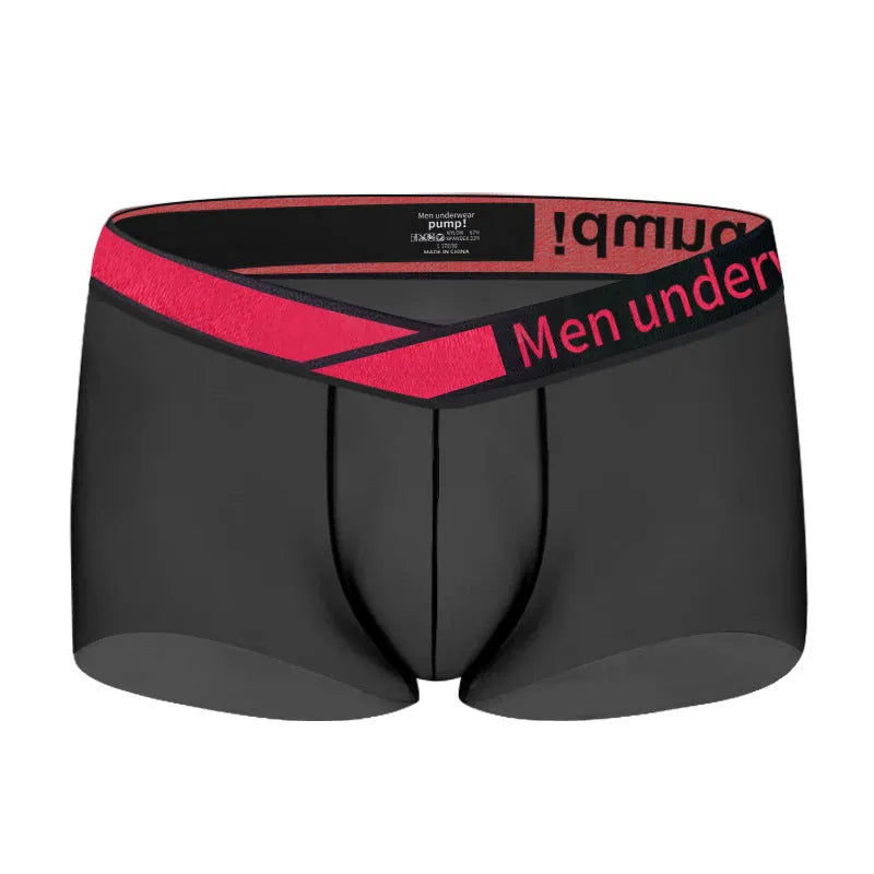 Men's low waist laser gradient underwear in black, red, and white colours with seamless construction