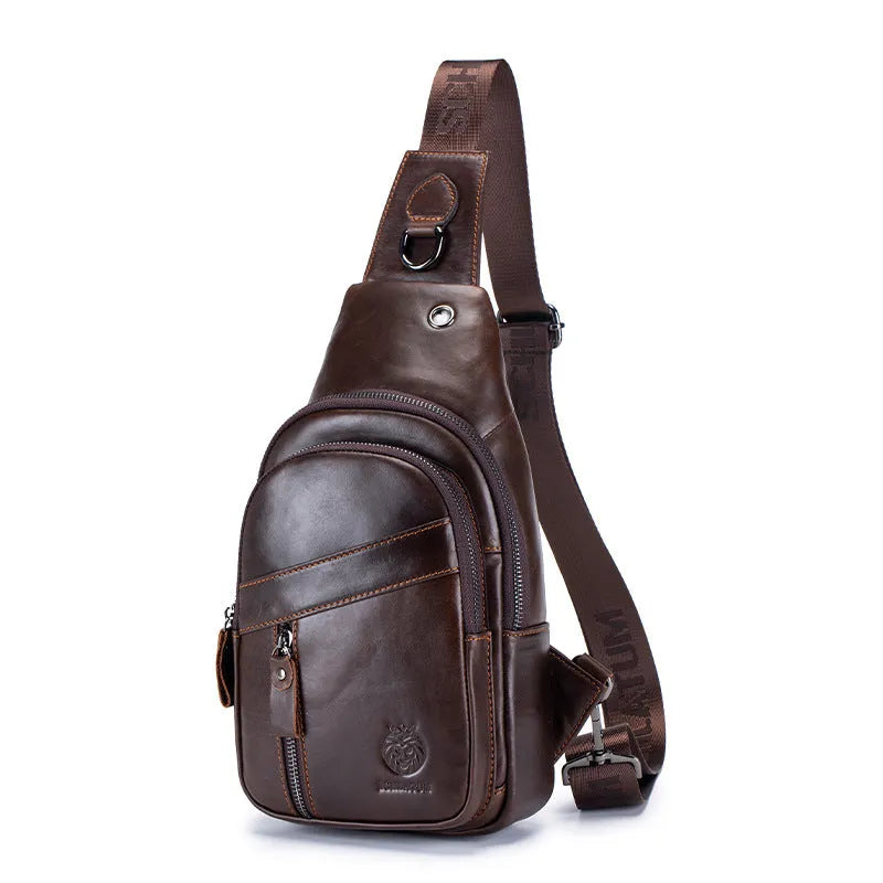 Men's retro messenger bag in brown solid colour first layer cowhide with sewing thread detailing