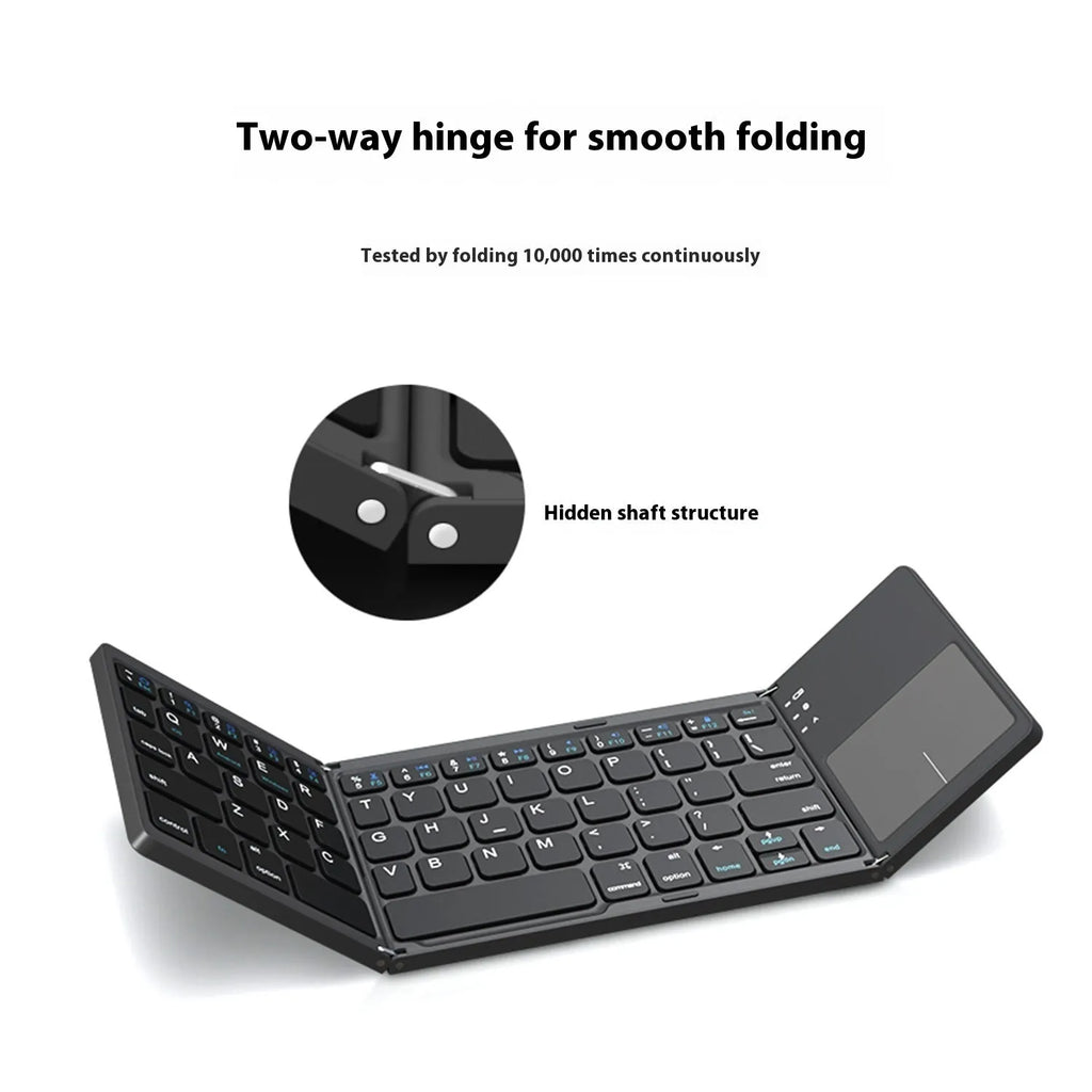 Black tri-fold Bluetooth keyboard shown open next to a smartphone, highlighting its slim 0.8cm profile.