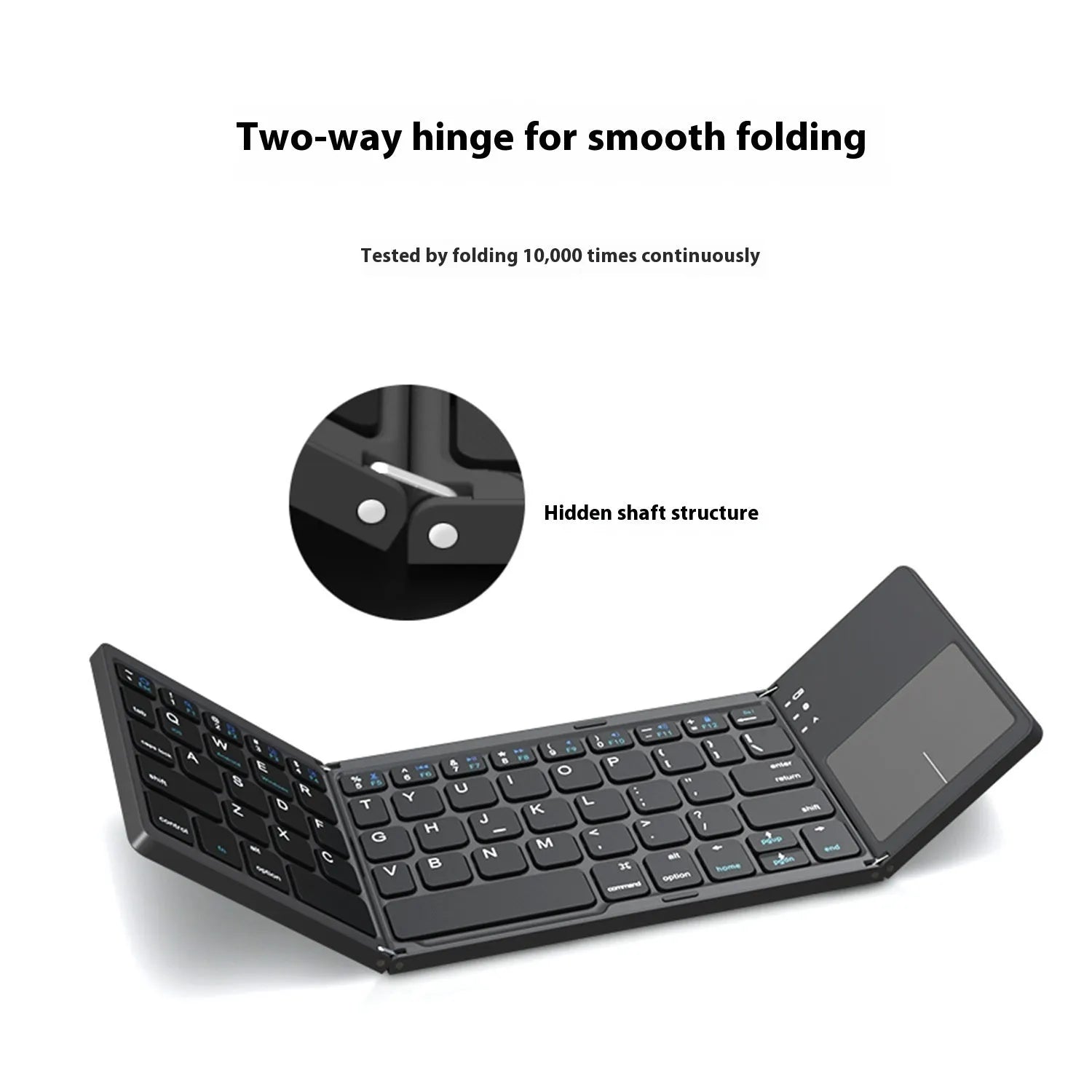 Black tri-fold Bluetooth keyboard shown open next to a smartphone, highlighting its slim 0.8cm profile.