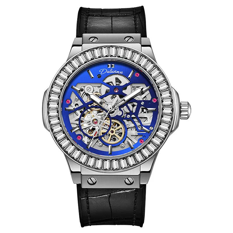 Men's automatic mechanical watch with diamond-studded bezel and skeleton movement visible through dial