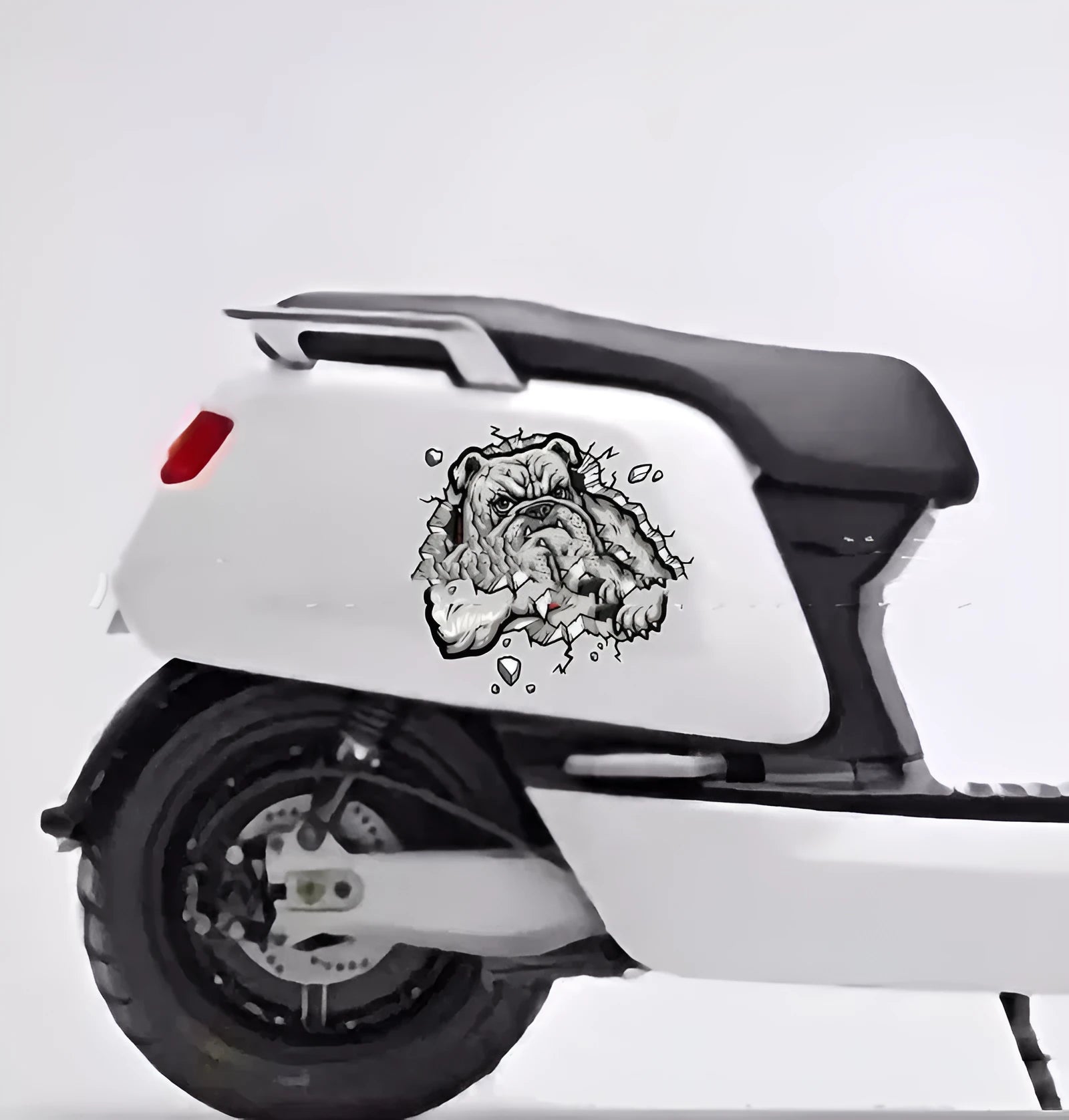 Grey dog pattern motorcycle decorative sticker measuring 17x17cm on a paper backing