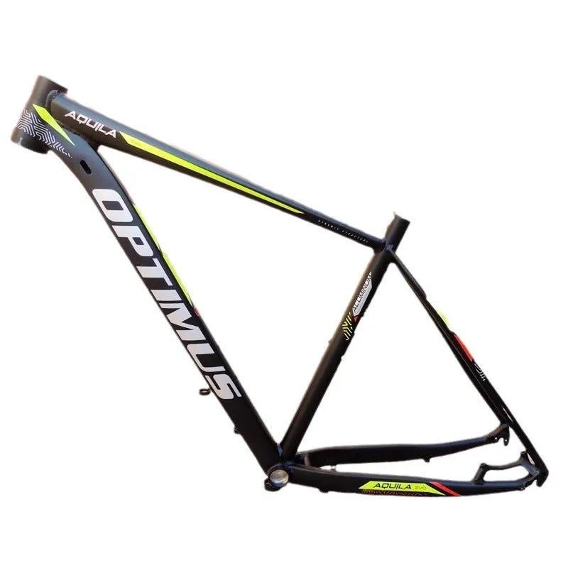Black green 29-inch aluminium mountain bike frame showing internal cable ports and disc brake mounts