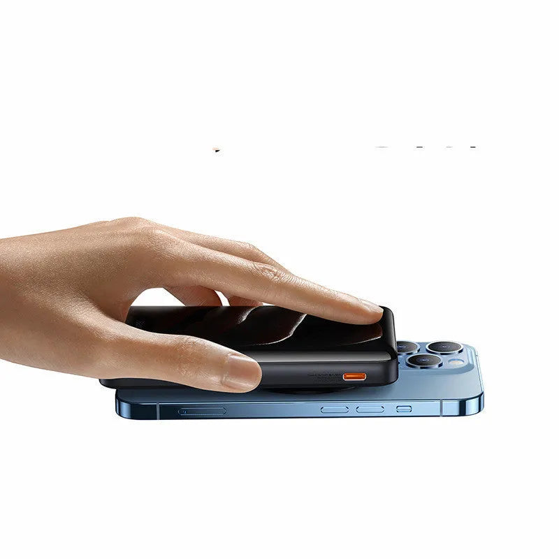 Slim blue 3-in-1 magnetic wireless power bank with charging cable