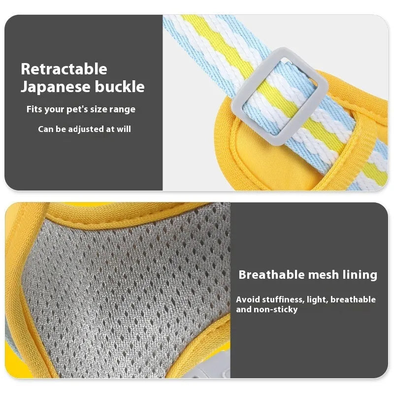 Colour options for an Oxford cloth anti-strangulation dog harness with a 1.5 metre lead attached.