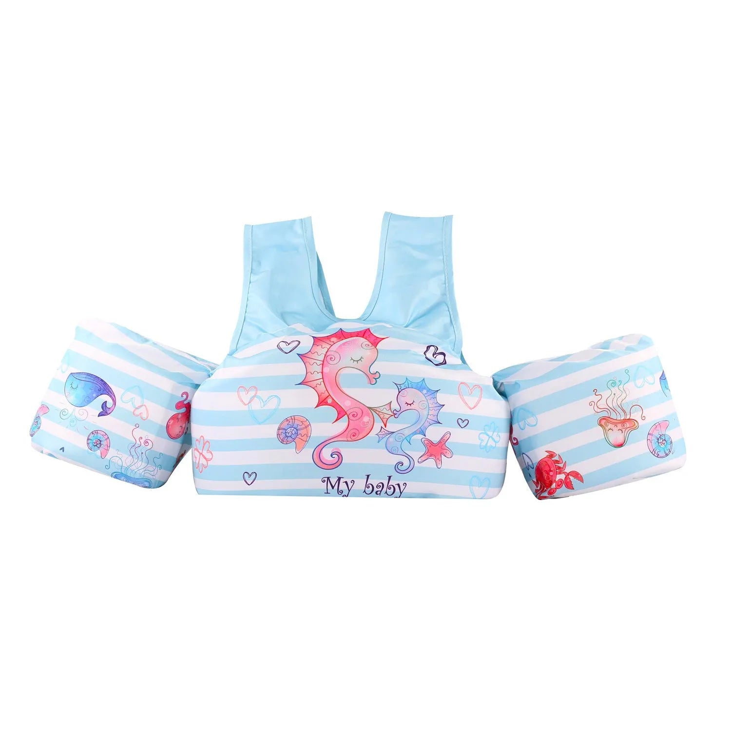 Colourful cartoon children's swimsuit with integrated arm swimming rings in a lobster design.