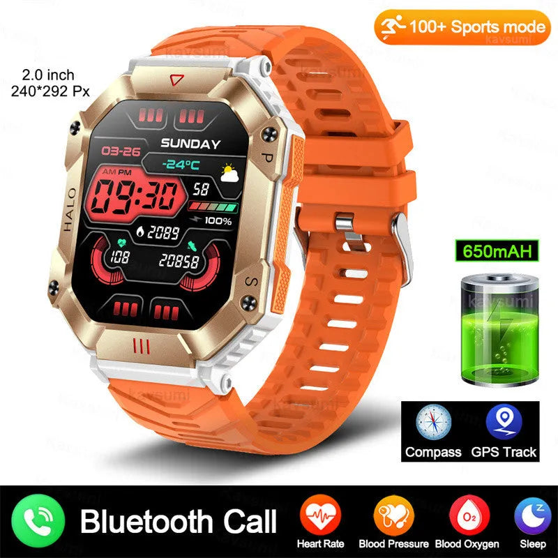 Android smart watch with GPS on wrist, showing titanium alloy case and black camouflage strap.