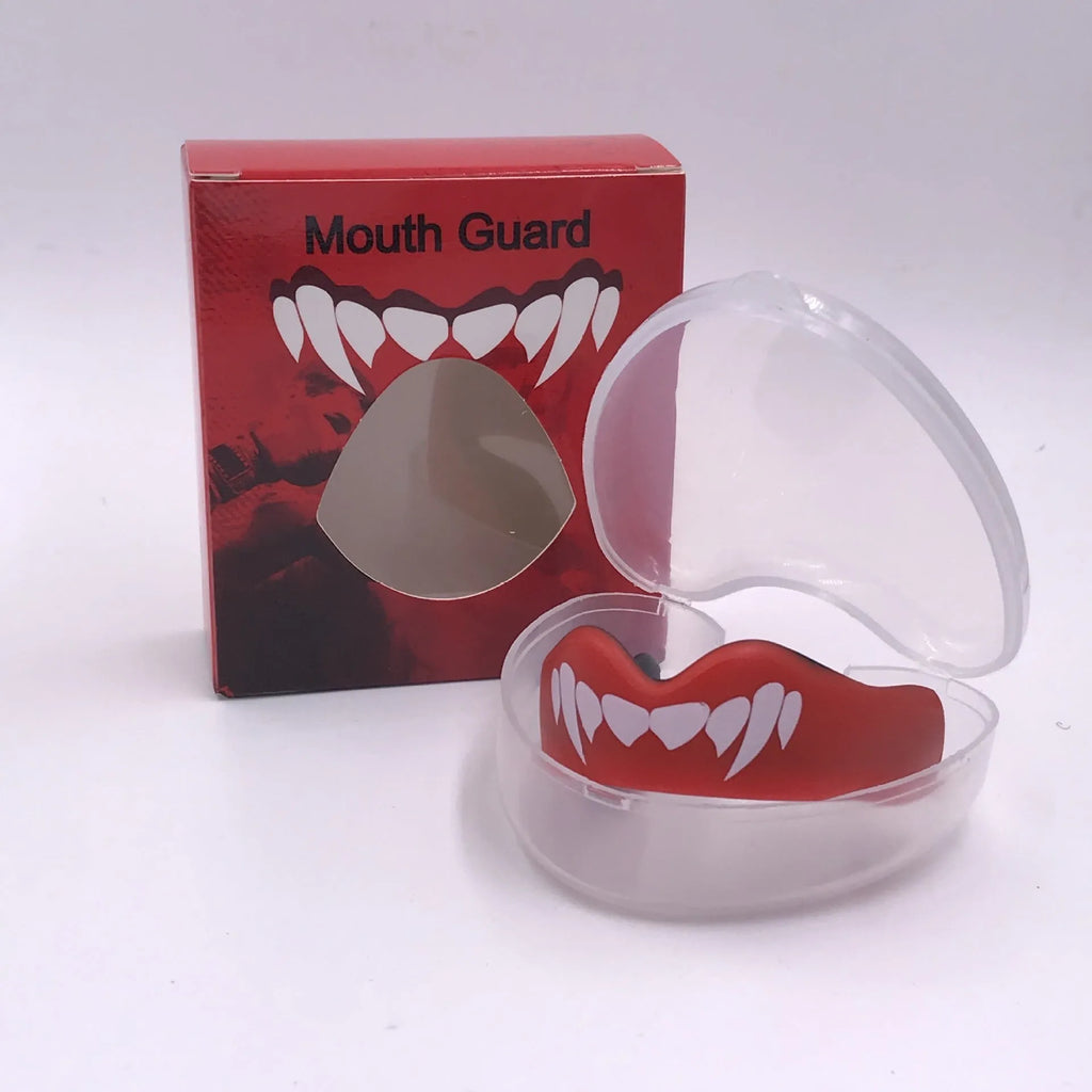 Adult boxing mouthguard with tooth socket design in black and white printed teeth pattern