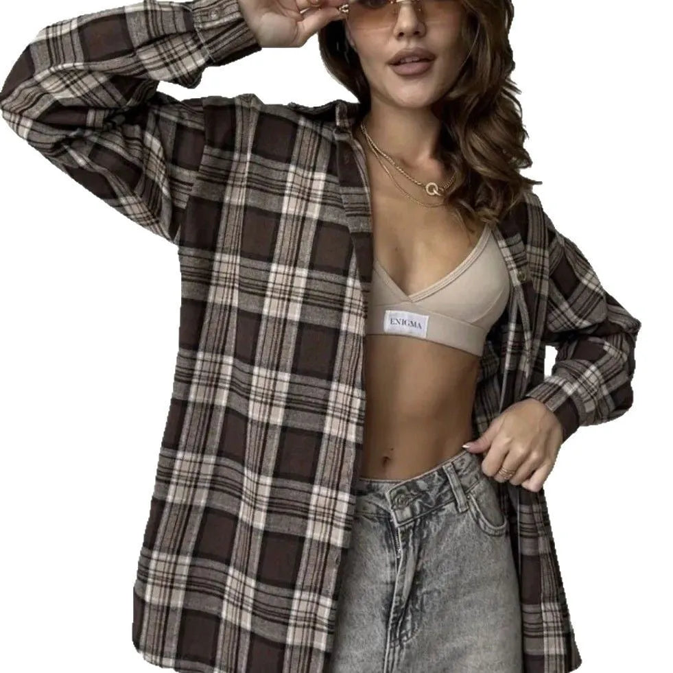 Women's dark brown retro striped long sleeve cotton shirt on a hanger.