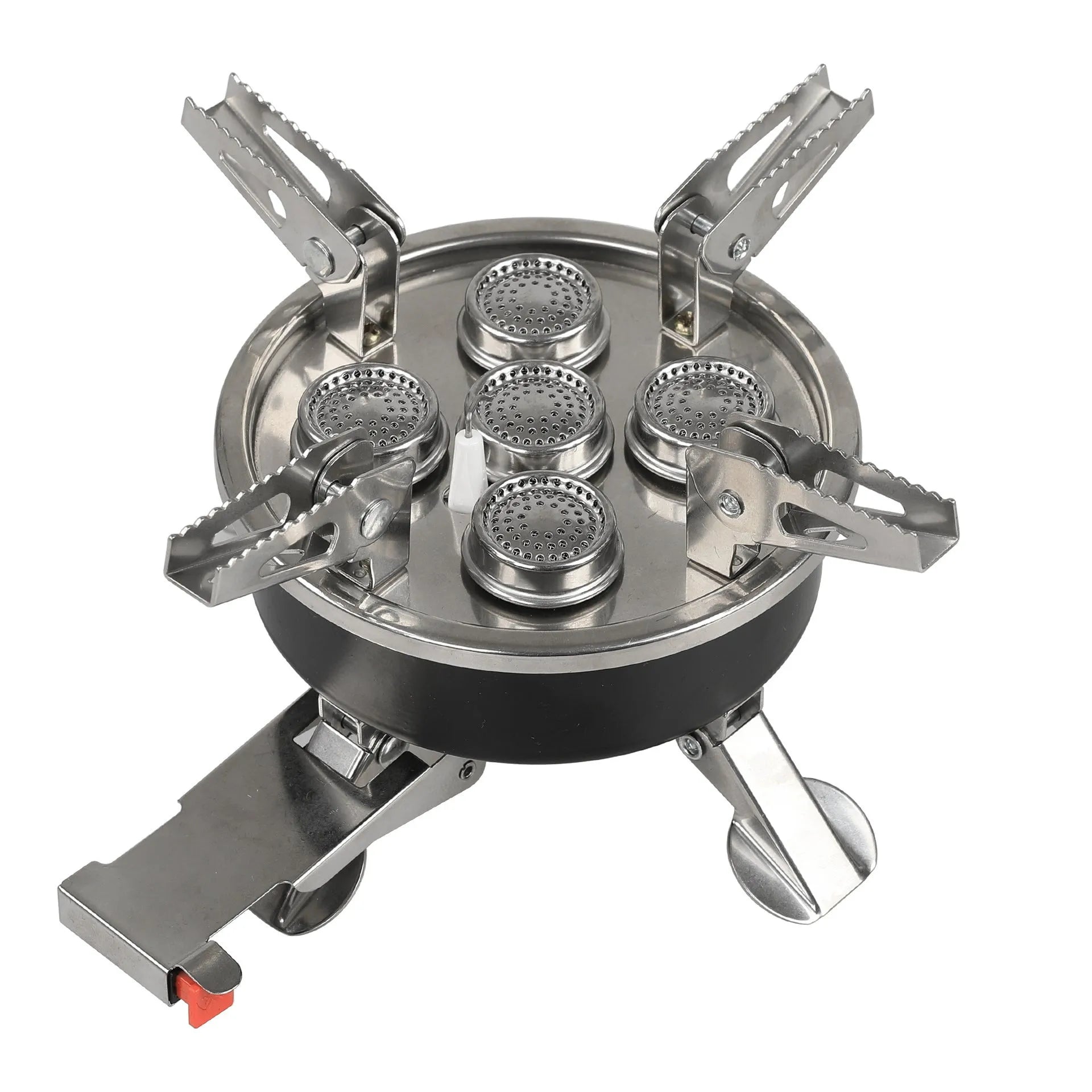 Silver foldable stainless steel split camping stove with extended fuel hose, shown unfolded.