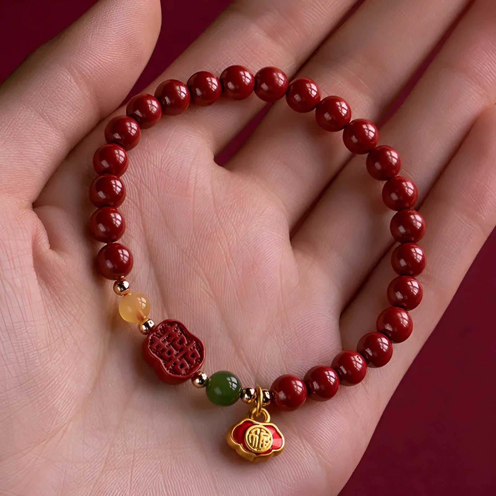 Emperor sandstone cinnabar bracelet with fu character, showing 6mm and 8mm bead size options.