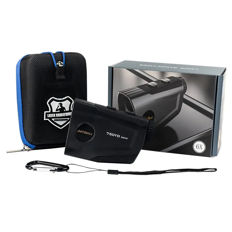 Golf laser rangefinder with slope compensation and USB-C charging showing LCD display with distance measurement