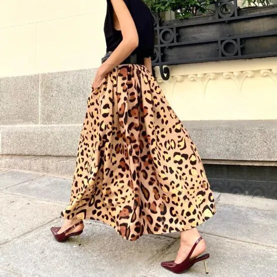 Brown leopard print women's A-line long skirt with big hem