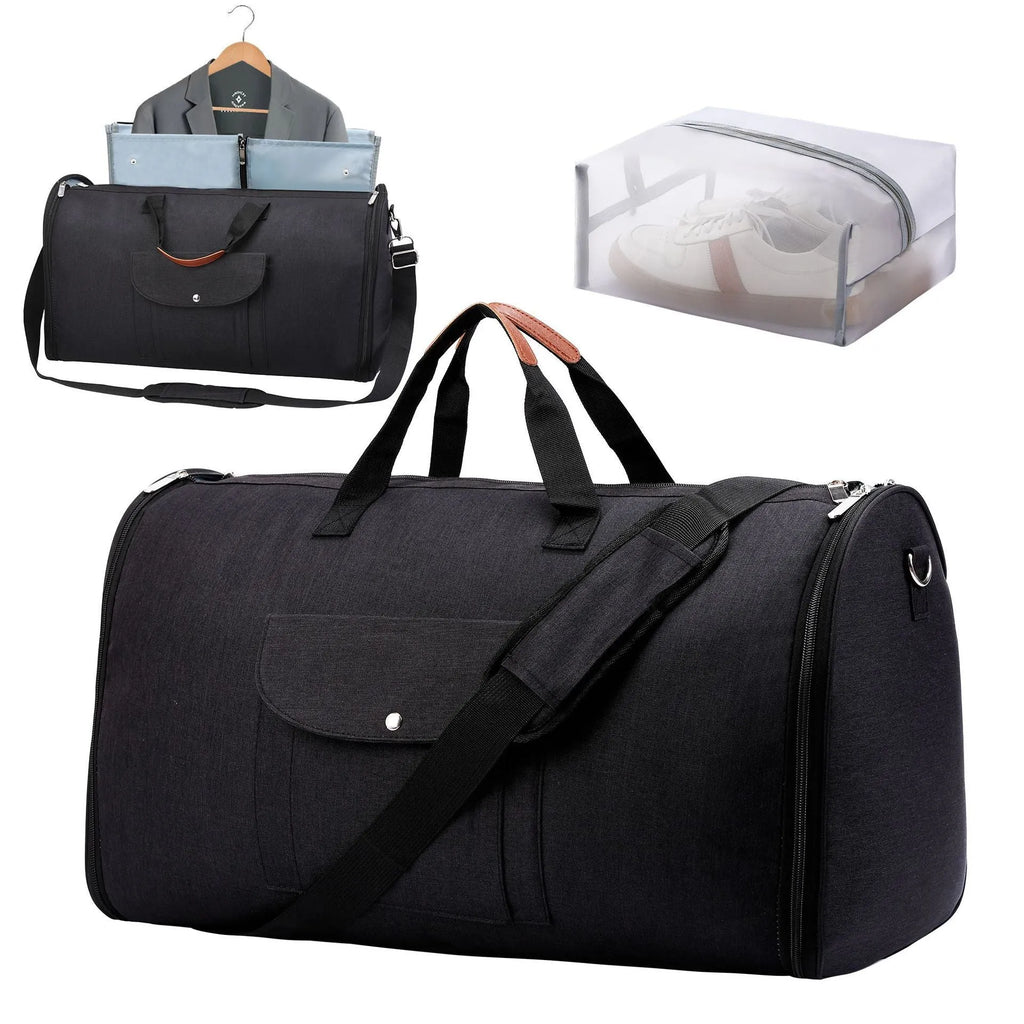 Dark blue folding duffel bag made from oxford cloth, shown with capacity for travel and gym use.