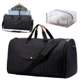 Dark blue folding duffel bag made from oxford cloth, shown with capacity for travel and gym use.