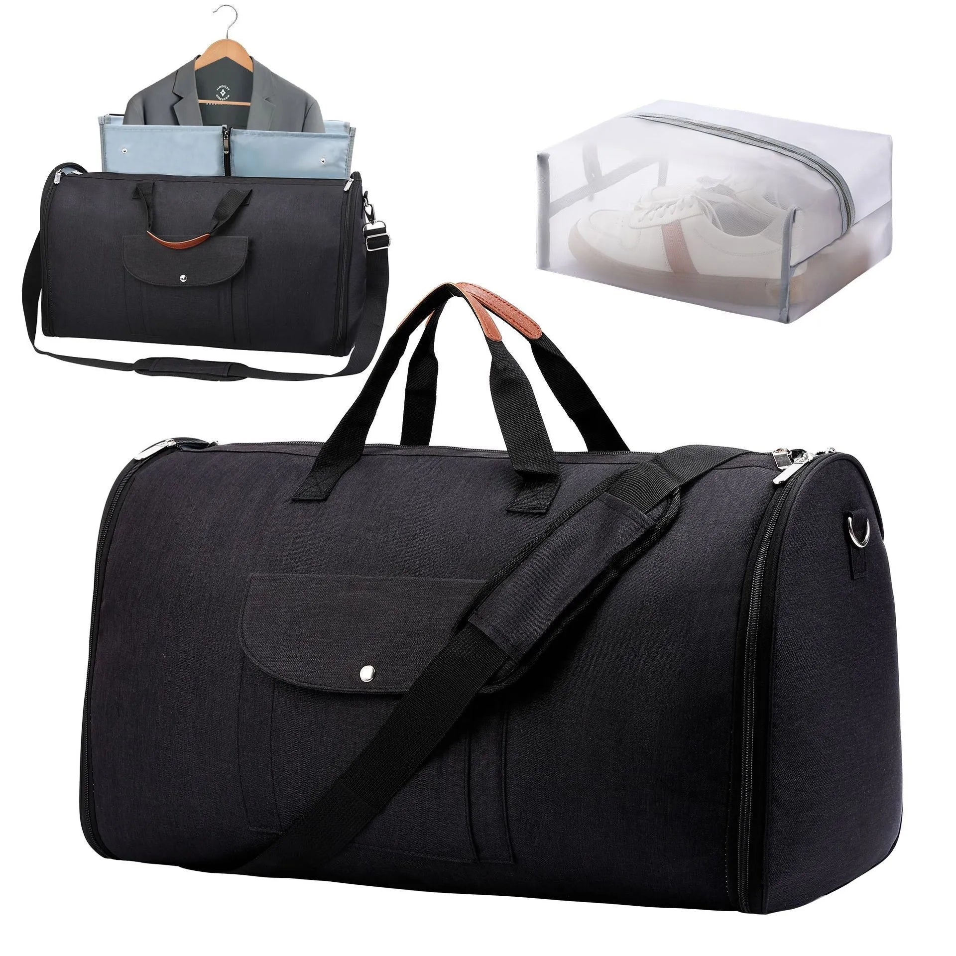 Dark blue folding duffel bag made from oxford cloth, shown with capacity for travel and gym use.