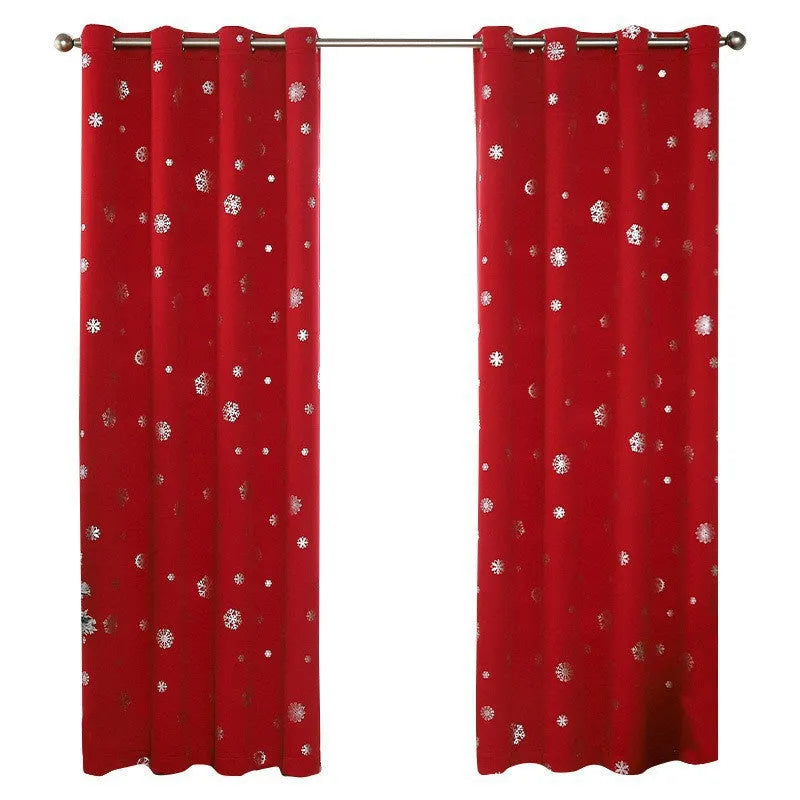 Hole-free snowflake pattern shade cloth curtain in red or green with lace loop or iron hoop detailing
