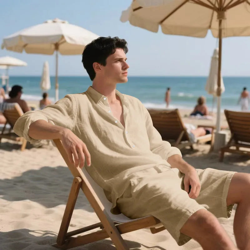 Linen long sleeve shirt and matching shorts beach set in light blue, laid flat.