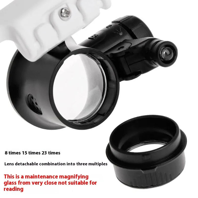 White foldable head-mounted magnifying glass with LED light for clock repair and precision inspection work