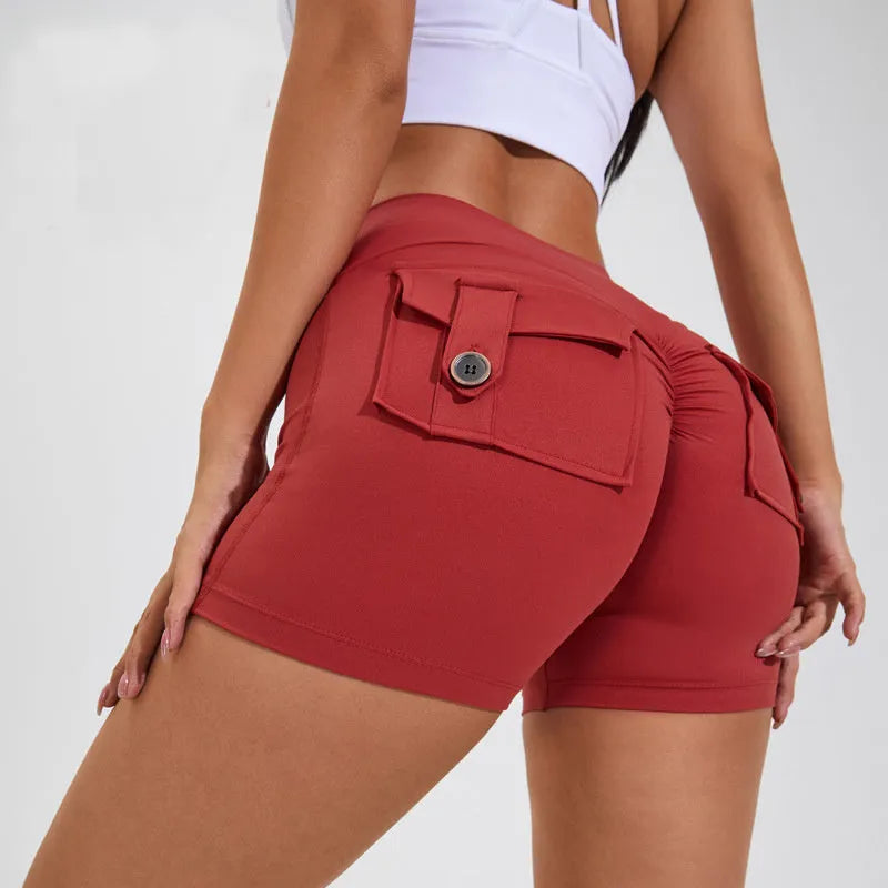 Women's high waist hip lifting shorts with side pockets in quick-dry nylon fabric