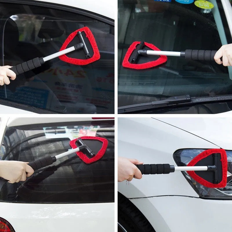 A plastic car windscreen cleaning brush with a long handle, shown in red, green, and blue colour options.