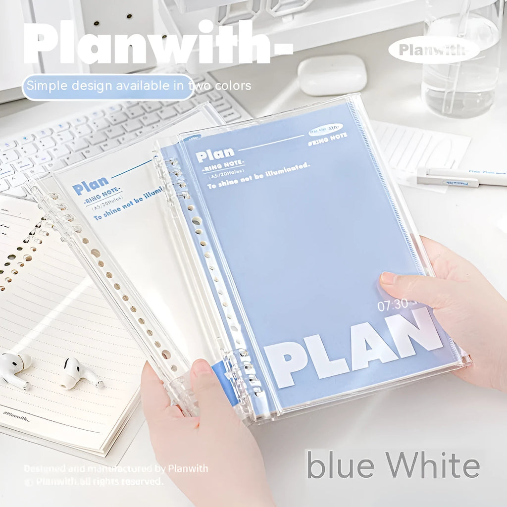 A5 PVC spiral bound notebook in blue colour showing loose binding mechanism