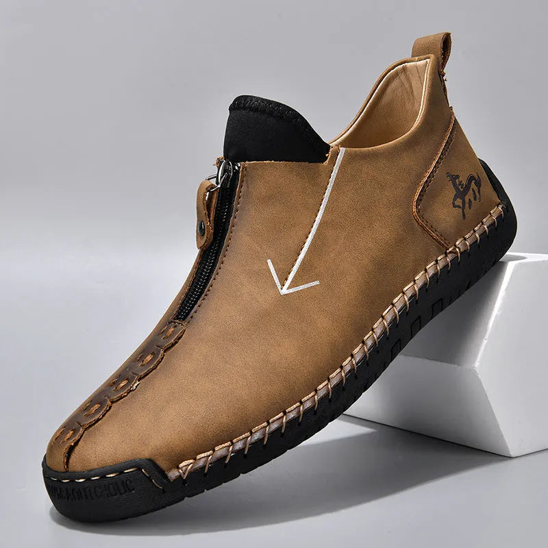 Men's front-zipper leather boots with round toe and mid-calf height in black colour
