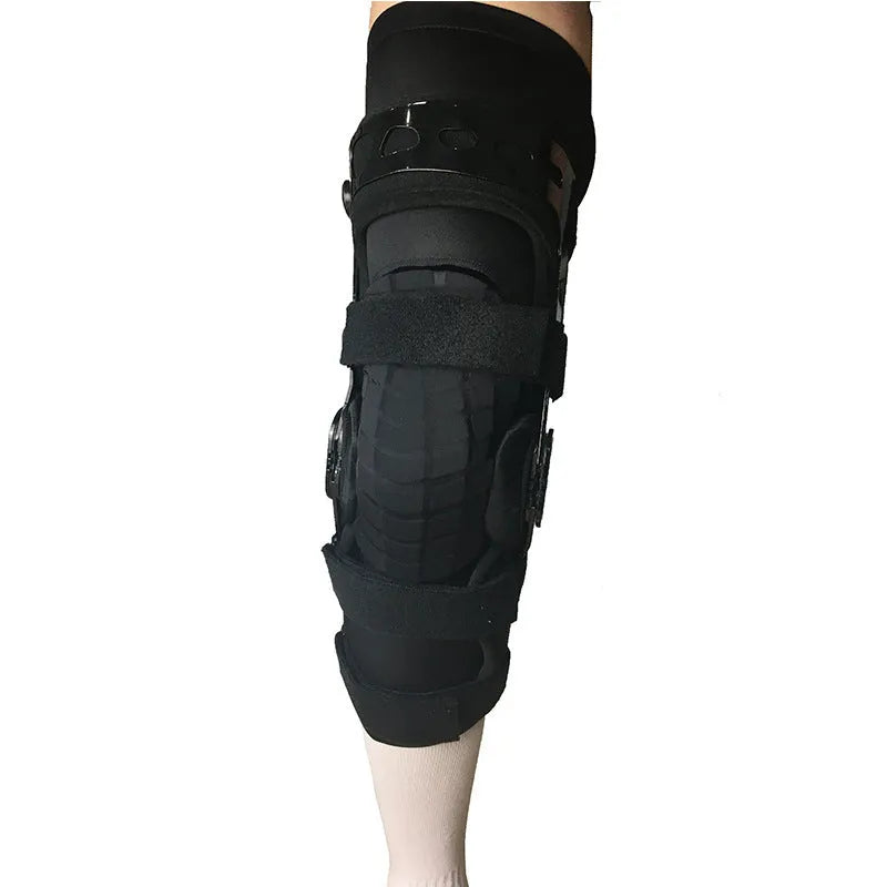 Black anterior ligament knee support brace shown on a knee, with side-specific sizing for left or right.