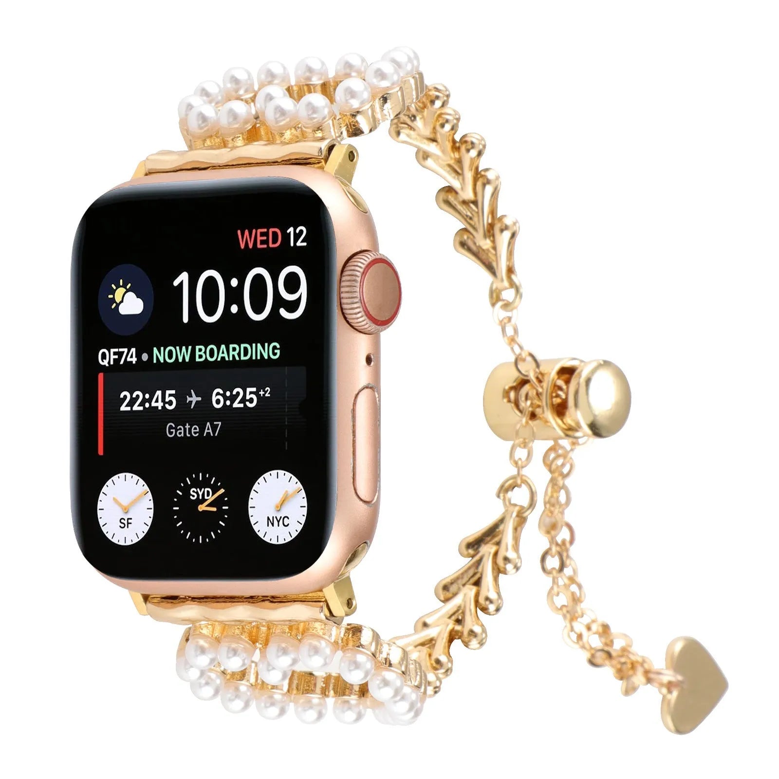 Apple smart watch strap with pearl love necklace design on metal band, 38-49mm fit
