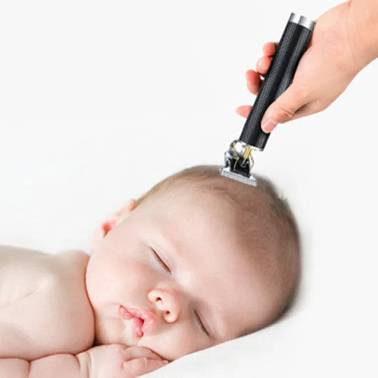 Black rechargeable electric hair clipper with four comb attachments and cleaning brush on a white background.